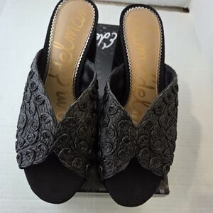 Sam Edelman Sareen Natural Black Woven Raffia Open-Toe Block Heeled Mule Sandals